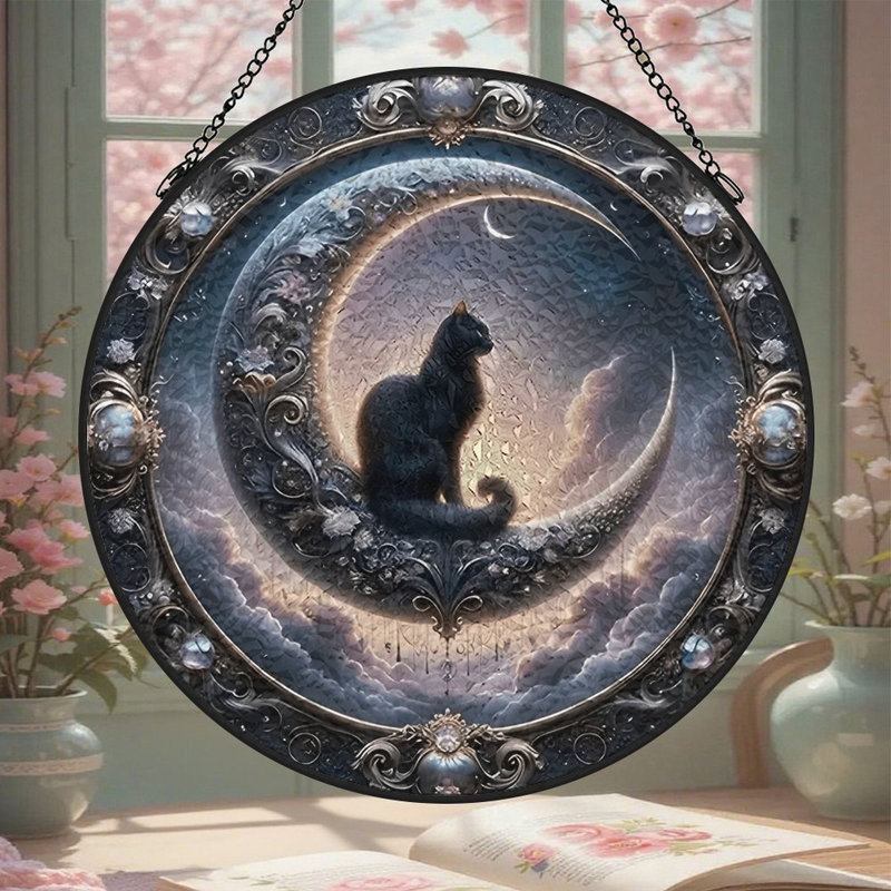 Panneau de vitrail Cat Moon, 11,8 x 11,8 po (30 x 30 cm)