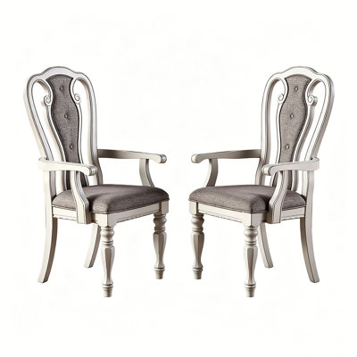 Ensemble de 2 chaises de salle à manger avec accoudoirs - Coussin rembourré blanc élégant, style rétro français classique, structure en bois robuste, confortable pour la salle à manger et le bureau, H 42 po