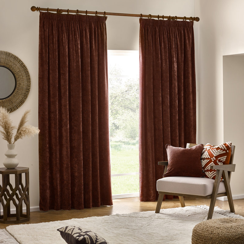 Heavy Chenille Room Darkening Pencil Pleat Curtains, Wine Red, 117 W x 137 D cm