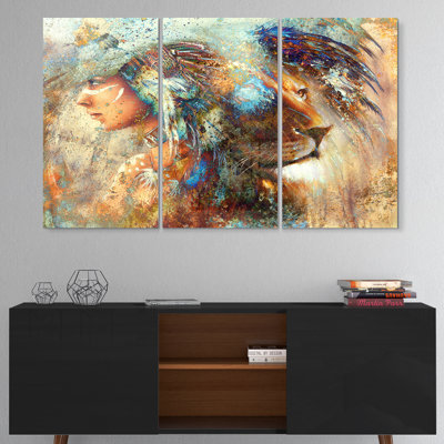 Collage d'une femme indienne avec un lion - art indien multi-panneaux - art mural en métal