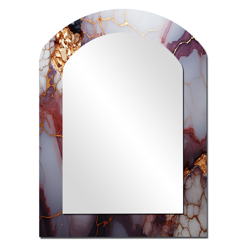 Rose et or rivière Marble VII - miroir mural asymétrique abstrait, miroir arqué moderne, impression sur métal, 34 po x 25 po
