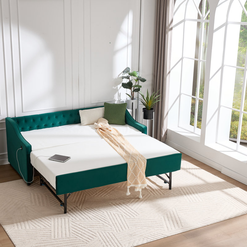 Twin Size Upholstered Daybed With Trundle,USB Port ,Side Pockets,Velvet Daybed With Button On Back And Piping On Waved Shape Arms