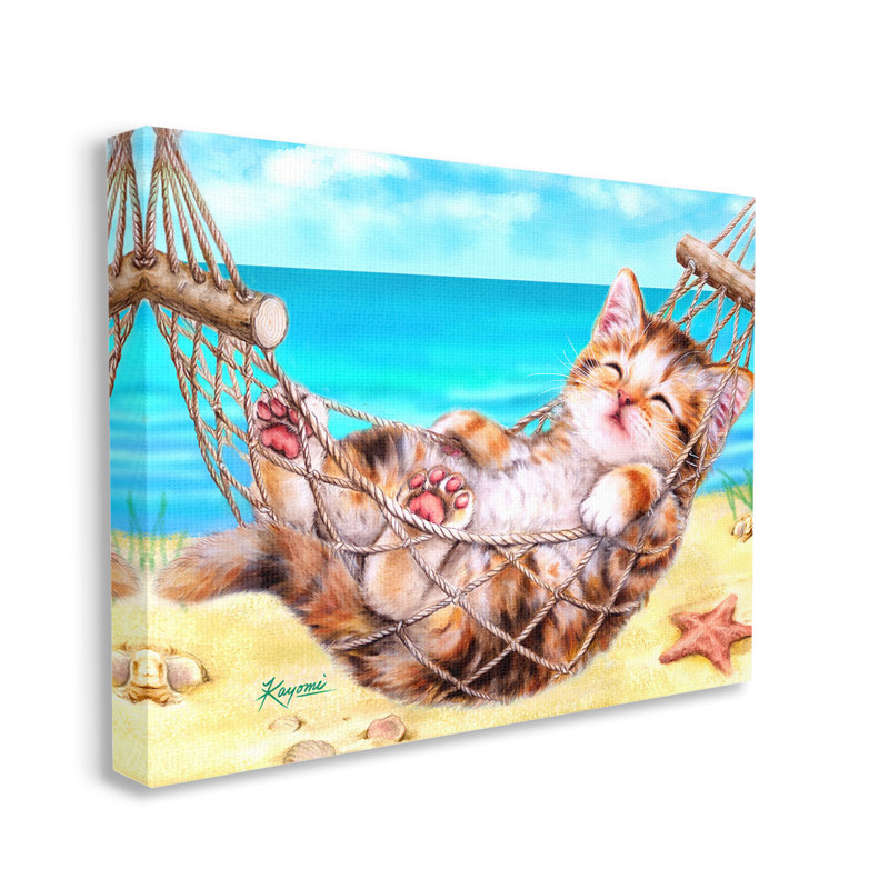 Chaton dans un hamac de plage, art mural par Kayomi Harai, H 16 po x l 20 po