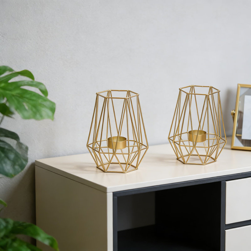 Set Of 2 Geometric Hexagon Tea Light Candle Holders, Hollow Metal Votive Holders With Vintage Design For Wedding And Home Table Decor