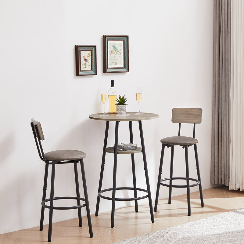 Round bar stool set with shelf, upholstered stool with backrest Grey, Gray, Gray