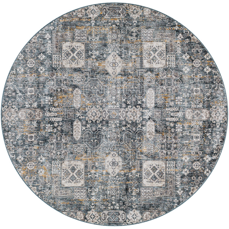 Tapis gris / bleu sarcelle tissé à la main Fleener, Rond 7 pi 10 po