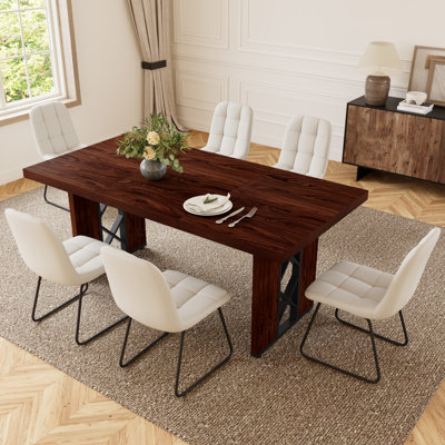 Rectangular Dining Table Set of 6, 180 cm Walnut Finish Top with 6 Corduroy Dining Chairs, Modern MDF Minimalist Kitchen Table for Dining Rooms, Kitchens