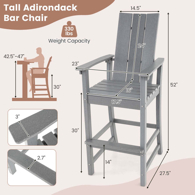 Tall Adirondack Chair With Ergonomic Backrest Armrests & Footrest For Backyard, Gray