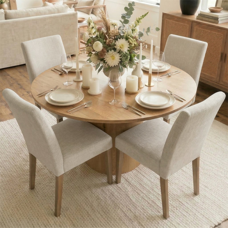 Danayla 4 - Person Dining Table Sets With 41.5'' Round Table & 4 Upholstered Linen Chairs, Beige