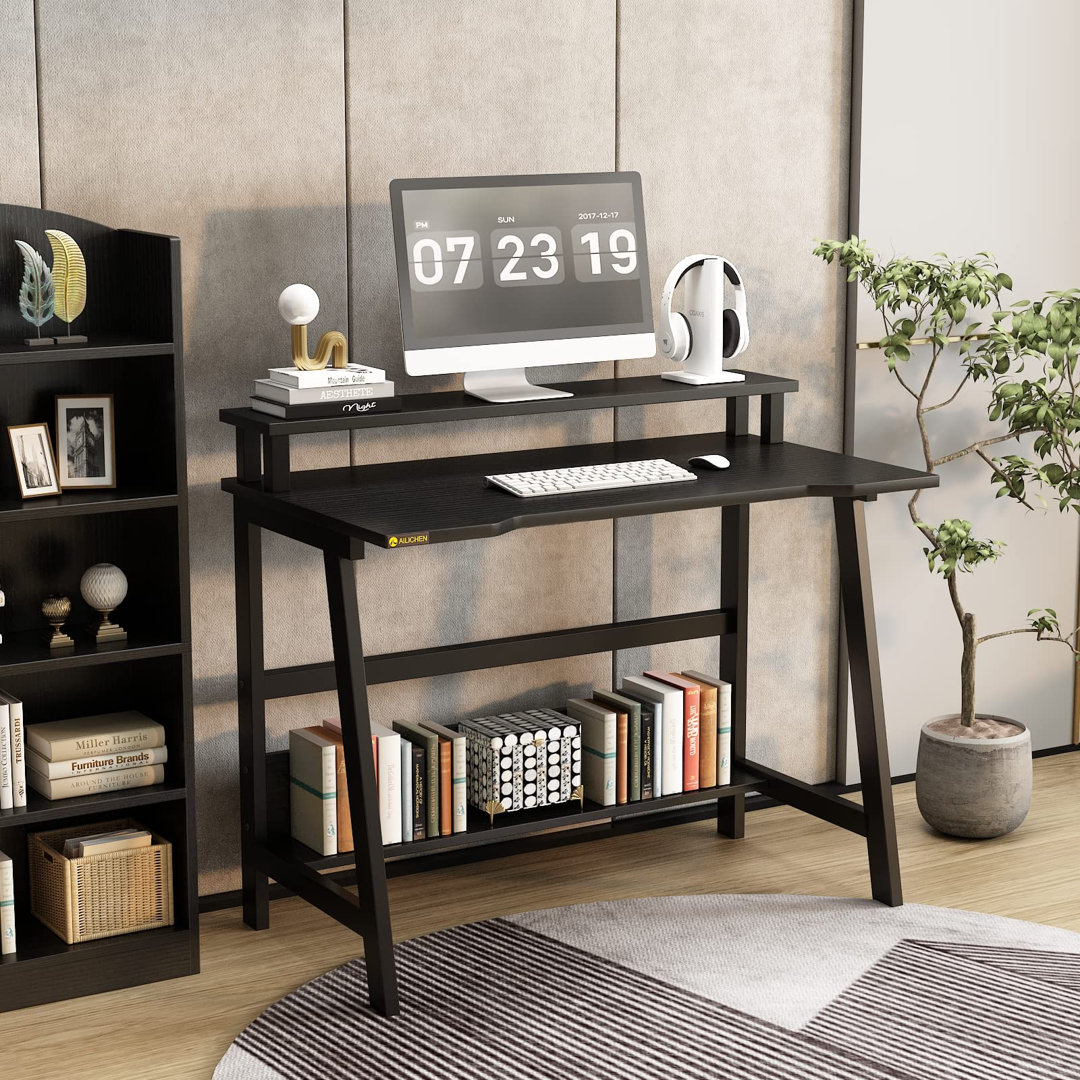 31.5" Computer Desk for Small Spaces, Modern Home Office Desk with Storage Shelf and Monitor Stand 17 Stories 