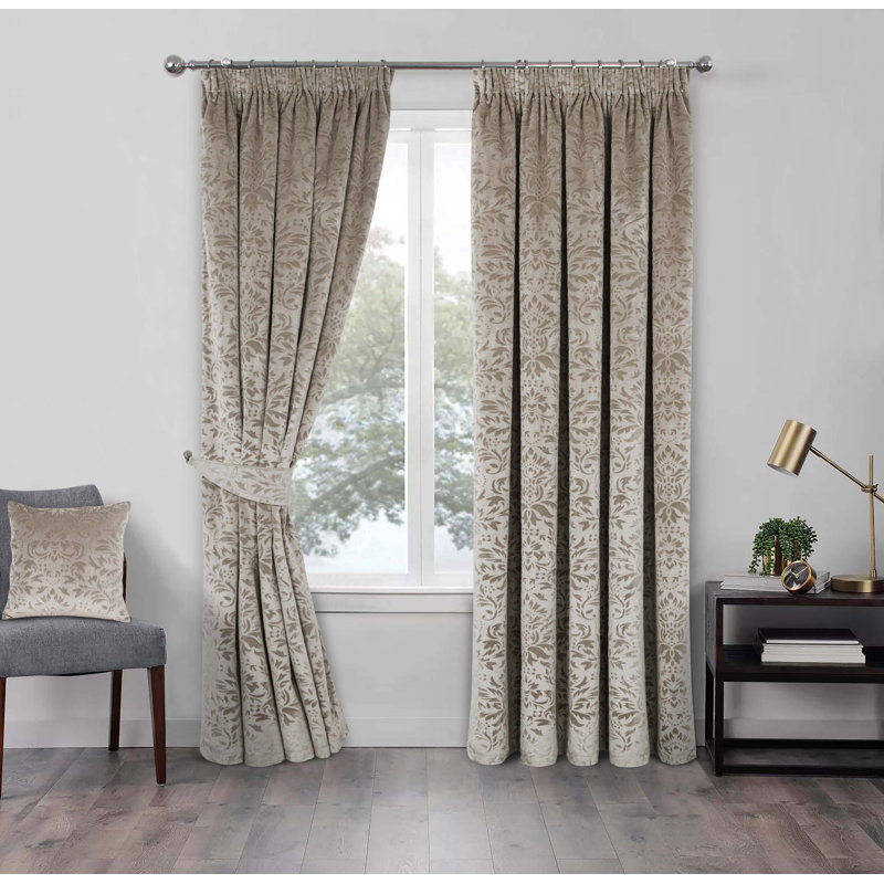 Hadiya Fully Lined Pencil Pleat Curtain Pair, 114cm W x 137cm D, Natural