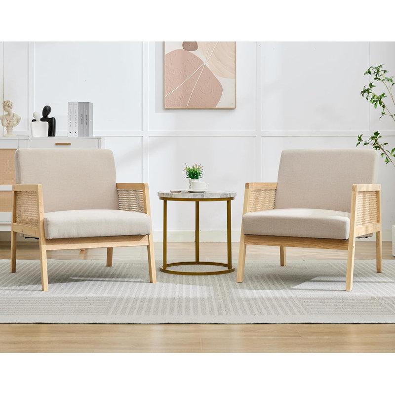 Set of 2 Boucle Upholstered Accent Chairs with Rattan Back, Wooden Armrests & Legs – Vintage Style for Living Room, Bedroom, or Vanity, Ivory