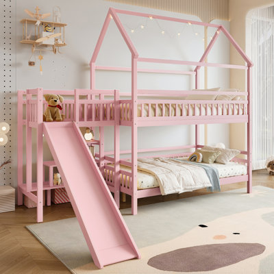 Lit double superposé en forme de maison avec glissade, lit de jeu avec escalier de rangement, deux méthodes de placement, conception silencieuse, rose