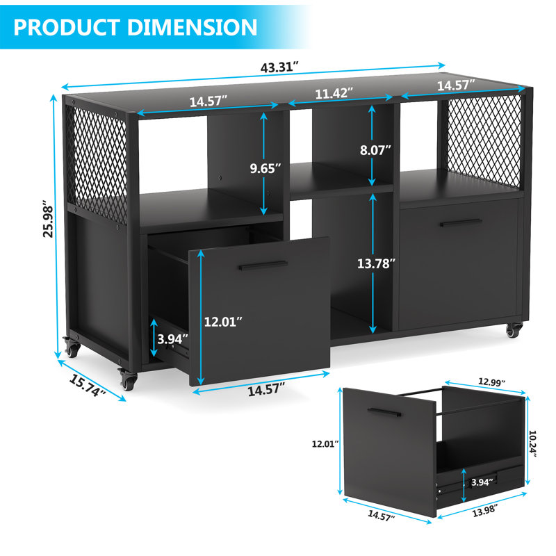 110cm Wide 2 -Drawer Mobile File Cabinet, Black