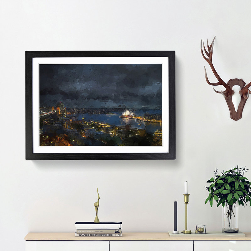 Sydney Skyline at Night in Abstract - Picture Frame Graphic Art Print, 27cm H x 36cm W x 2cm D, Black Framed