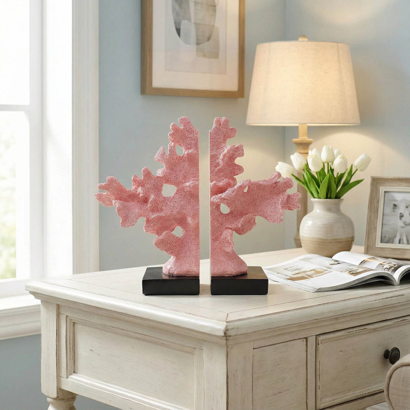Ensemble de 2 serre-livres en résine texturée rouge corail avec base corail noire et décor bord de mer et serre-livres décoratifs et décoration intérieure