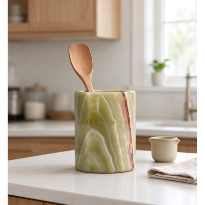 Pot à ustensiles en marbre onyx vert – Pot à ustensiles de cuisine en pierre naturelle pour spatules, cuillères et couverts – Organisateur de comptoir rustique de style campagnard