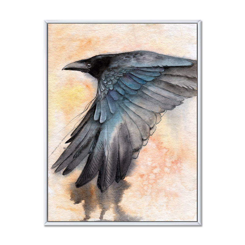 Corbeau noir déployant ses ailes - peinture sur toile, H 40 po x l 30 po, Cadre flottant blanc