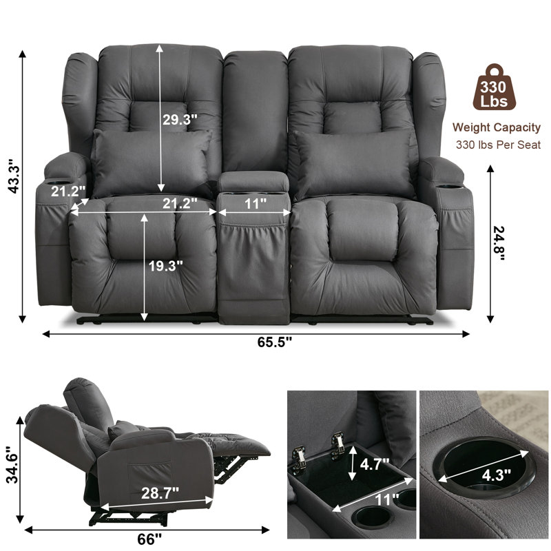Causeuse manuelle inclinable avec console centrale, rangement et porte-gobelets, Similicuir gris foncé