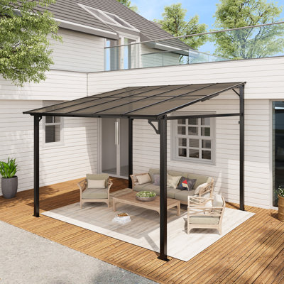 10' x 10' Hardtop Wall-Mounted Pergola, Aluminum Frame Metal Awning, Waterproof UV-Protected Canopy, Freestanding Patio/Deck/Backyard Shelter