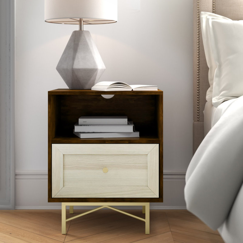 Afet 1-Drawer Nightstand with Open Cubby, Dark Walnut/White Poplar