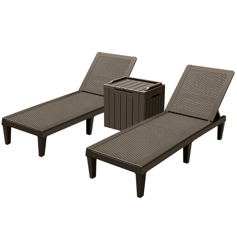 3-Piece Outdoor Chaise Lounge Recliner Chairs with Storage Table/Box, Brown