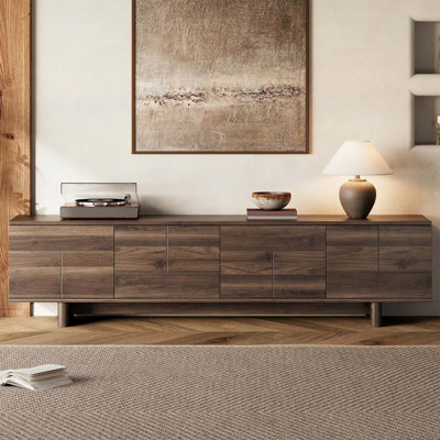 Console moderne avec pieds en bois, gestion des câbles, tablettes réglables pour le salon