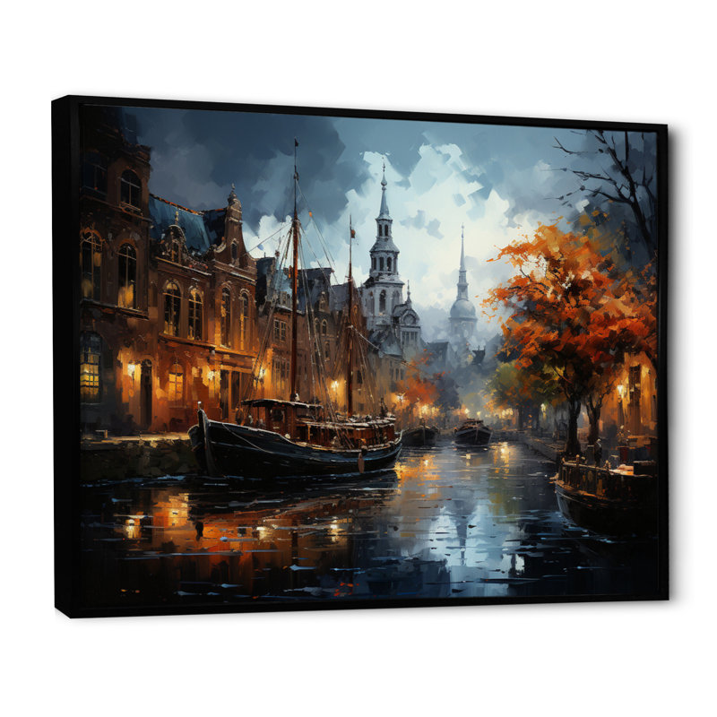 Danemark, Amsterdam, canal, nuit II - Danemark, art mural, Cadre flottant noir, H 24 po x l 32 po x P 1 po