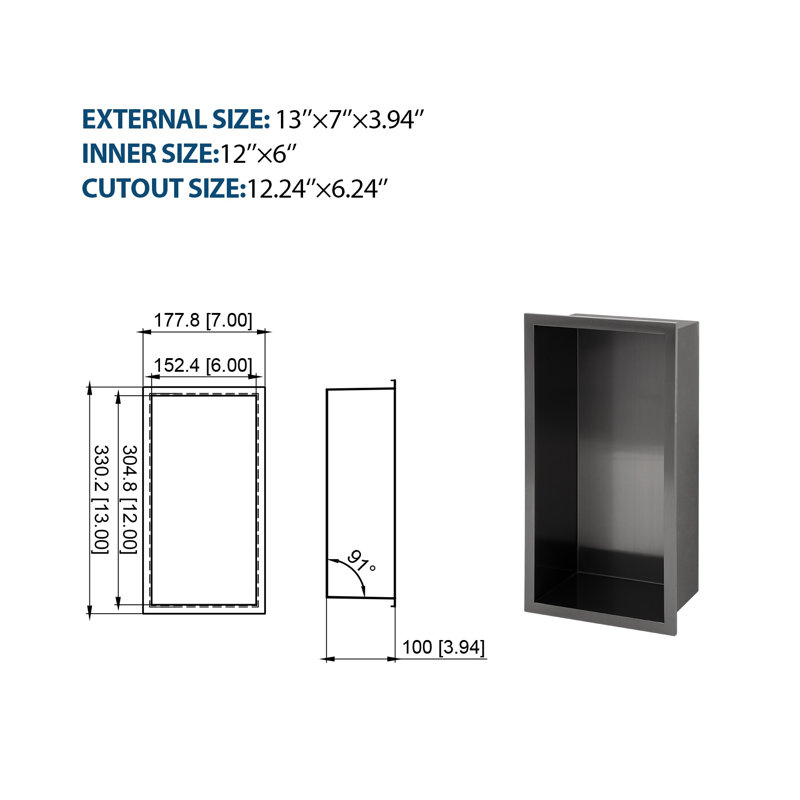 Niche de douche encastrée 13 po x 7 po en acier inoxydable noir avec cadre imperméable
