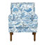 Fauteuil d'appoint à motif floral bleu et blanc, garniture cloutée, pieds en bois massif, design polyvalent pour différents espaces, dossier ergonomique avec coin lecture, assise confortable