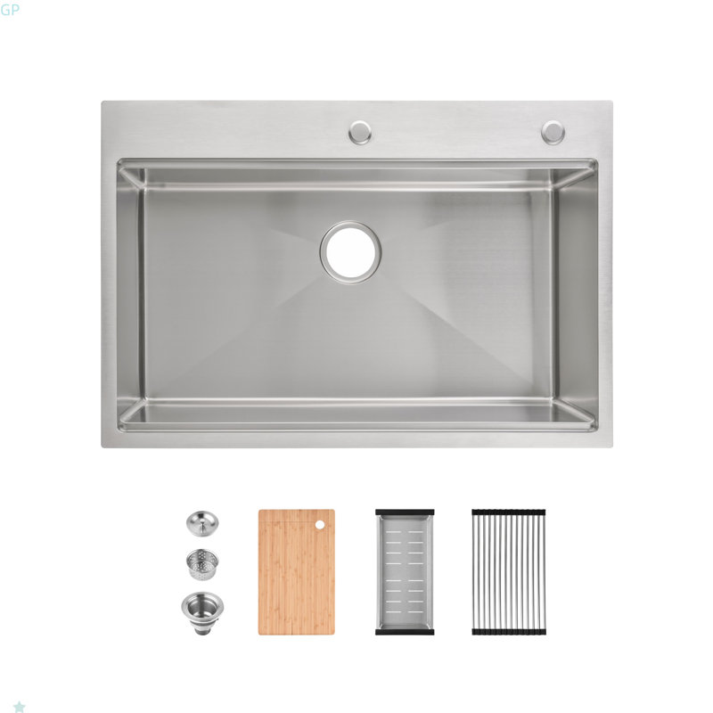 Évier de cuisine en acier inoxydable, 33 po x 22 po Évier simple, lavabo sur pied fait à la main brossé, avec planche à découper, passoire