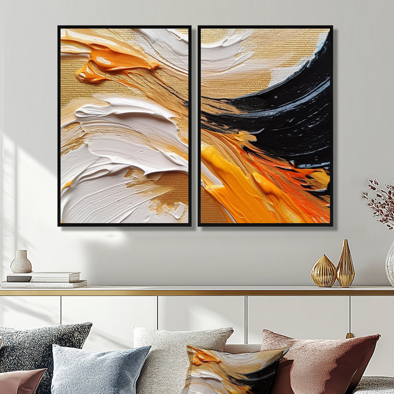 «Orange and Black Mystic Spirals I», reproduction d'art sur toile orange, H 36 po x l 48 po, Noir