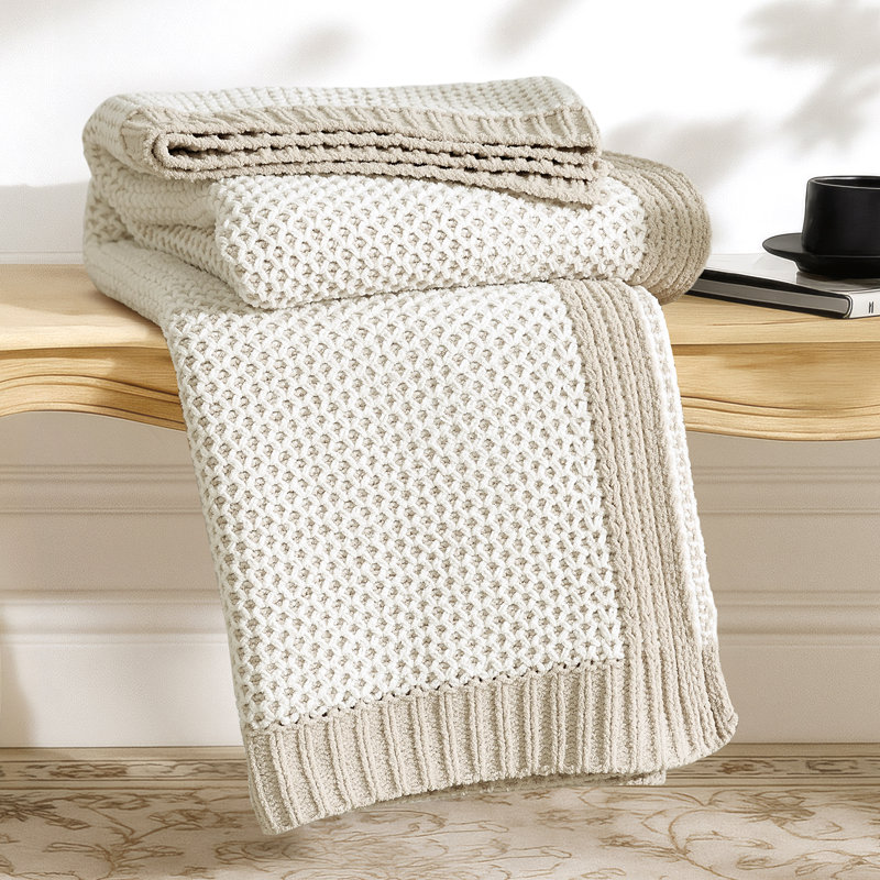 Chenille Honeycomb Knit Throw Blanket, Reversible Cozy Decorative Blanket, Lightweight Soft Warmth, Beige/White