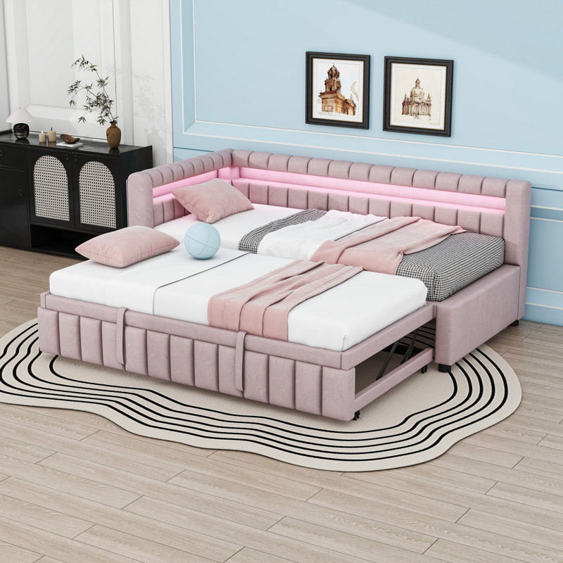 Lit de jour simple TG de très grand lit avec éclairage à DEL d'ambiance, ports USB intégrés et lit gigogne escamotable, Rose