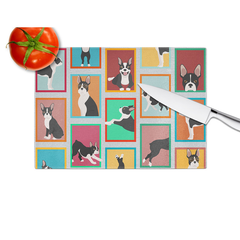 Lots of Boston Terrier Glass Cutting Board Large