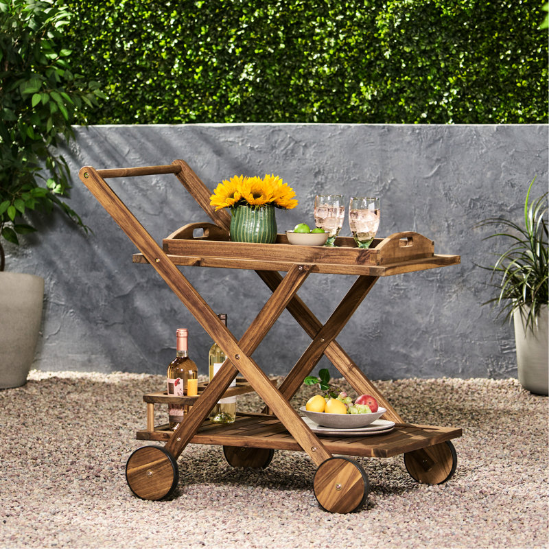 Chariot-bar en bois - 6 po de hauteur, naturel, rangement supplémentaire mobile de 23,70 po de largeur, bois naturel