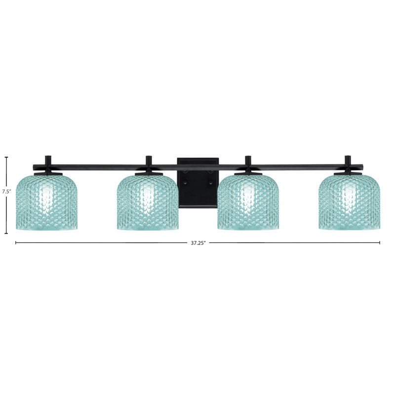 Barre d'éclairage de salle de bain 4 lumières Mariko avec verre texturé turquoise 6 po, Noir mat, Bleu sarcelle