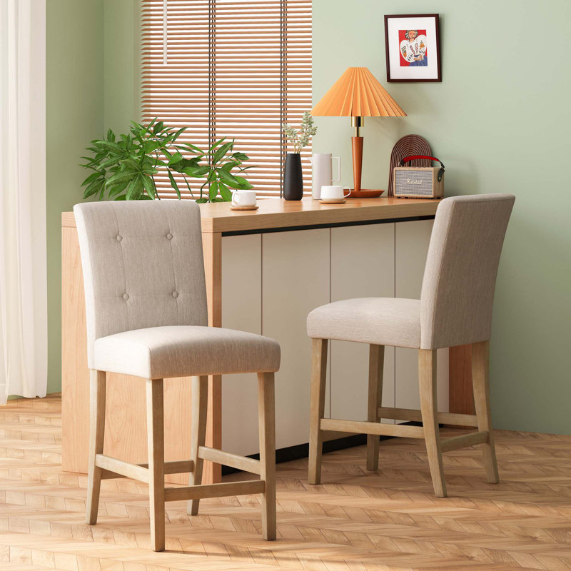 Ensemble de 2 tabourets de comptoir capitonnés contemporains en tissu, 26 po, Siège beige / structure naturelle