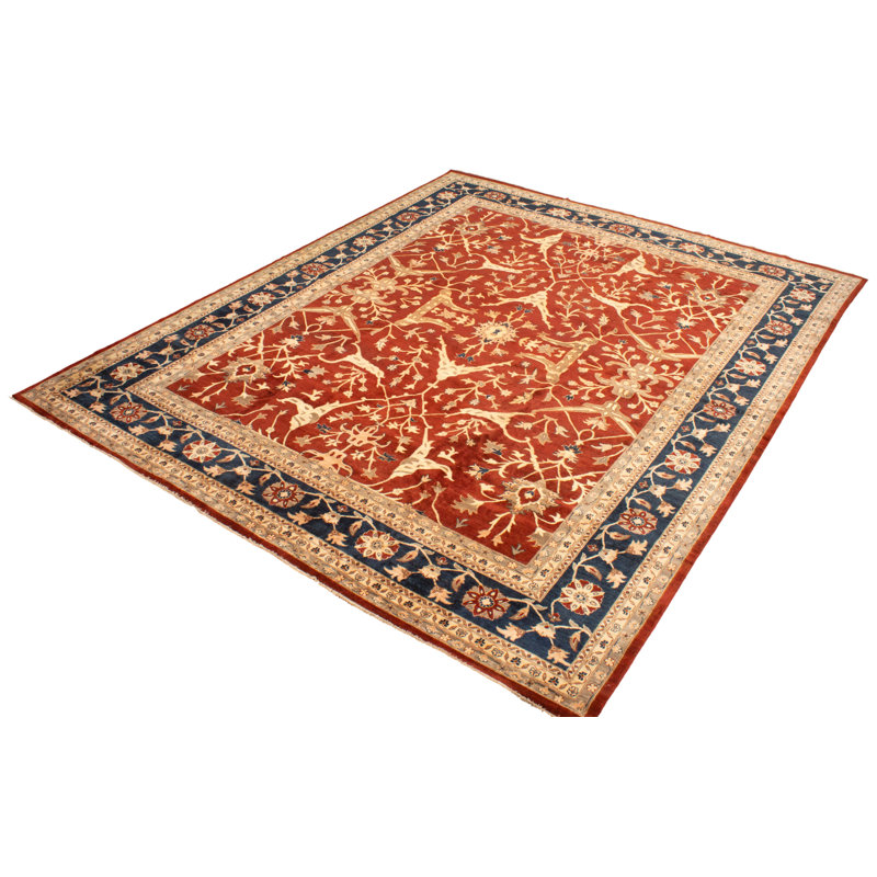 Tapis rouge foncé en laine noué à la main de conception unique 13 pi x 16 pi 2 po New Age