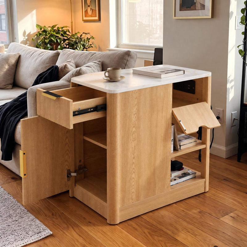 Table d'appoint de 60 cm de hauteur avec station de recharge, tiroir, garde-robe et 2 tablettes ouvertes