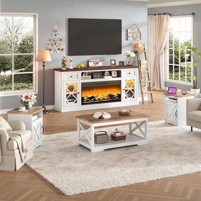 Ensemble de 4 tables de salon, meuble télé 70 "avec foyer 37" et 7 lumières à DEL, table basse et 2 tables de bout avec station de charge et ports USB