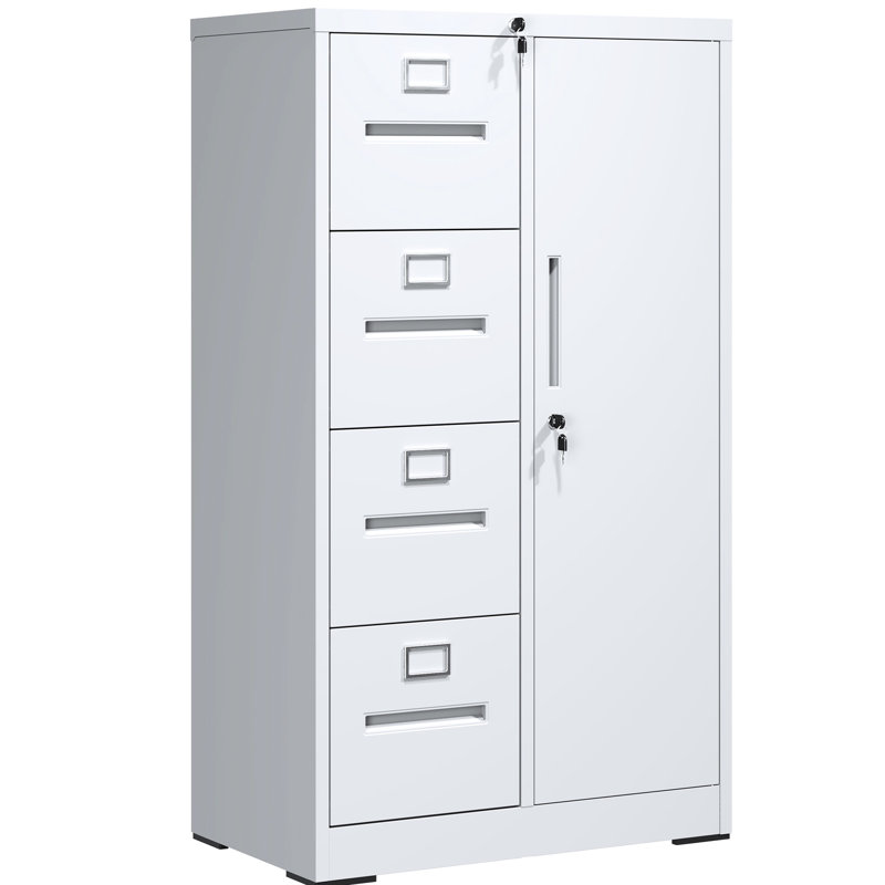 Vertical Steel Filing Cabinet In White With Lock And 4 Drawers - Construction, Peaceful Work Environment, Easy Assembly