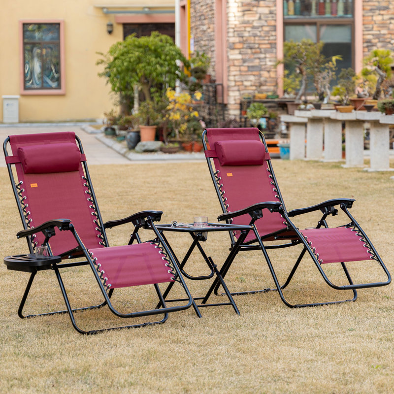 Wine Red Steel Zero Gravity Folding Lounge Chair Set with Cushions