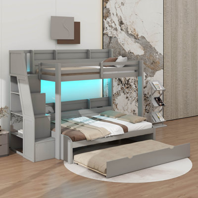 Bunk Bed With Storage Staircase, Trundle, Storage Shelves, And USB, Space-Saving Sturdy Wood Bunk Bed With LED