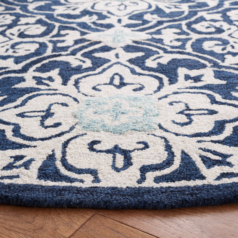 Montevia Damask Hand Tufted Wool Navy Area Rug, Round 7'