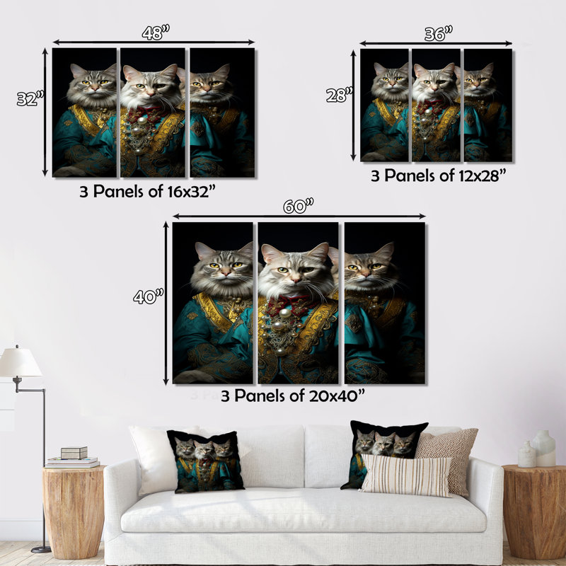 " Turquoise Gracious Sultan Cats I " 3 - Pieces, 28" H x 36" W x 1" D