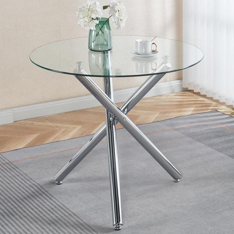 Round Dining Table with metal leg and tempered glass,Modern Space Saving Kitchen Table for Living Room, Chrome