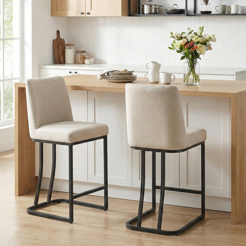Upholstered Counter & Bar Stool with Backs, Beige