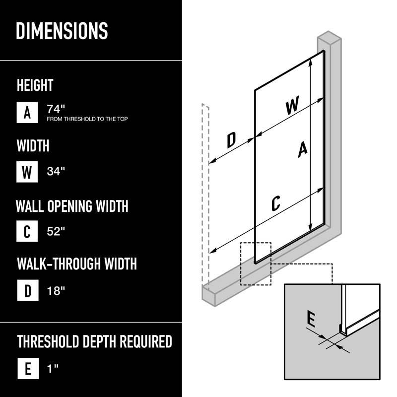 Zenith 34" W x 74" H Fixed Frameless Shower Screen with 3/8" Glass, Matte Black/Black Tint