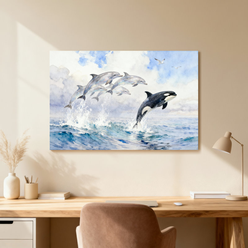 Animal Dolphins Leaping Ocean Waves Sky Birds, 20" H x 30" W, Wrapped Canvas, Does Not Apply
